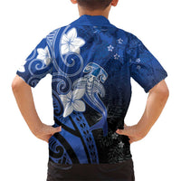 Polynesia Hammerhead Shark Family Matching Short Sleeve Bodycon Dress and Hawaiian Shirt Blue Tribal Pattern With Plumeria - Polynesian Pride
