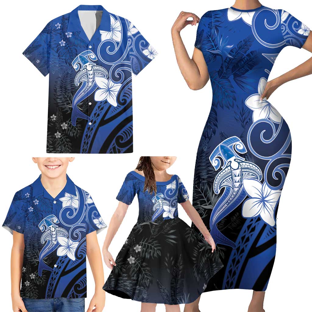 Polynesia Hammerhead Shark Family Matching Short Sleeve Bodycon Dress and Hawaiian Shirt Blue Tribal Pattern With Plumeria - Polynesian Pride