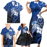 Polynesia Hammerhead Shark Family Matching Short Sleeve Bodycon Dress and Hawaiian Shirt Blue Tribal Pattern With Plumeria - Polynesian Pride