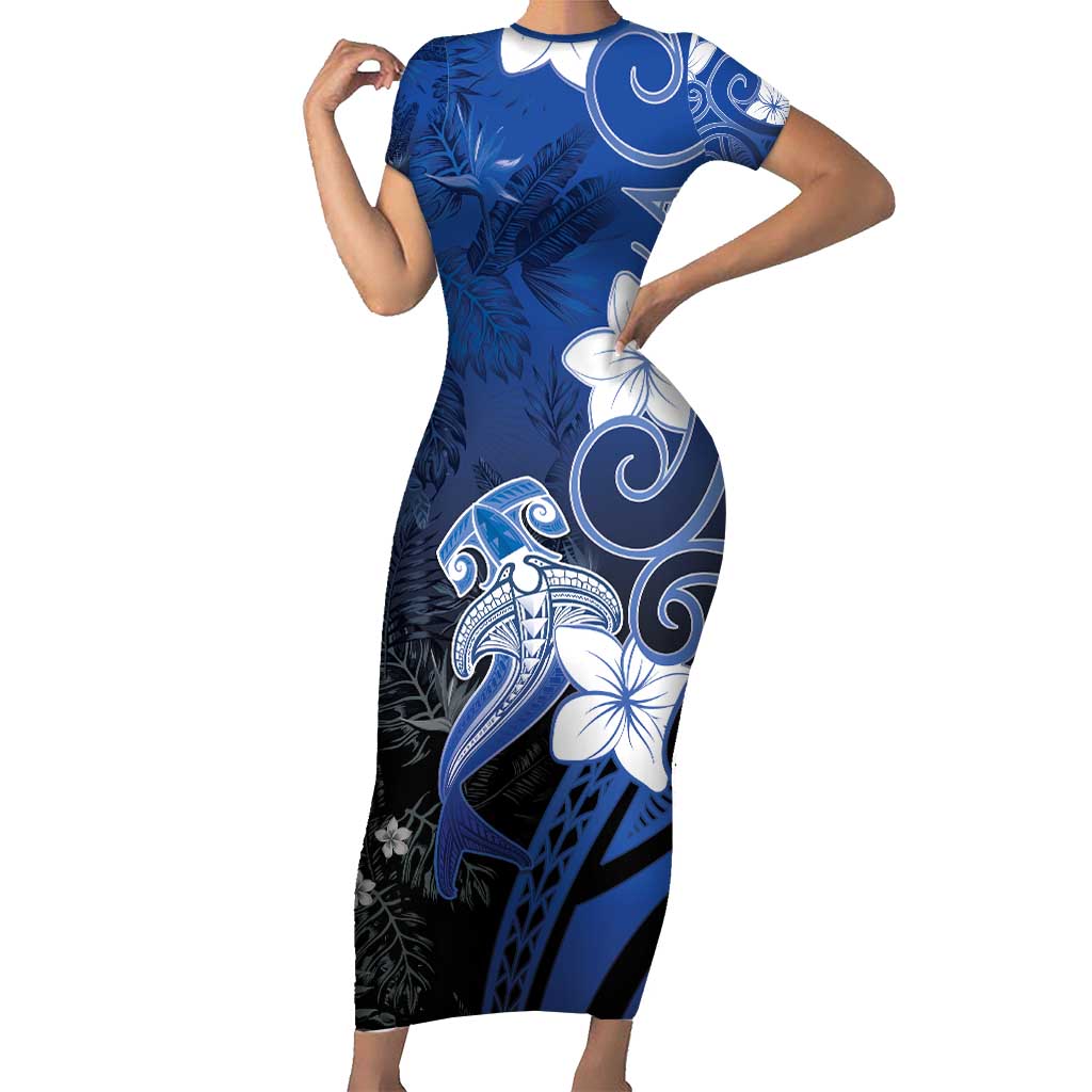Polynesia Hammerhead Shark Family Matching Short Sleeve Bodycon Dress and Hawaiian Shirt Blue Tribal Pattern With Plumeria - Polynesian Pride