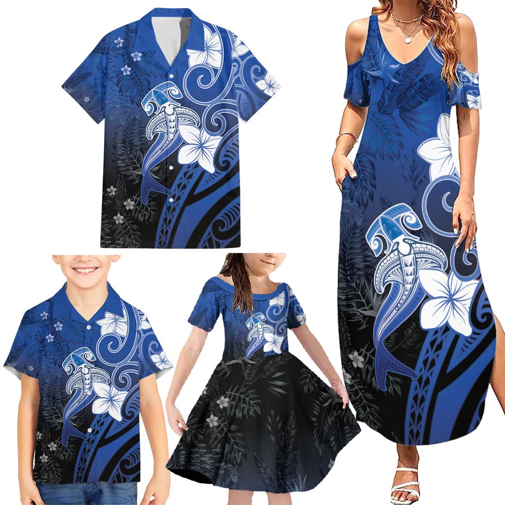 Polynesia Hammerhead Shark Family Matching Summer Maxi Dress and Hawaiian Shirt Blue Tribal Pattern With Plumeria - Polynesian Pride