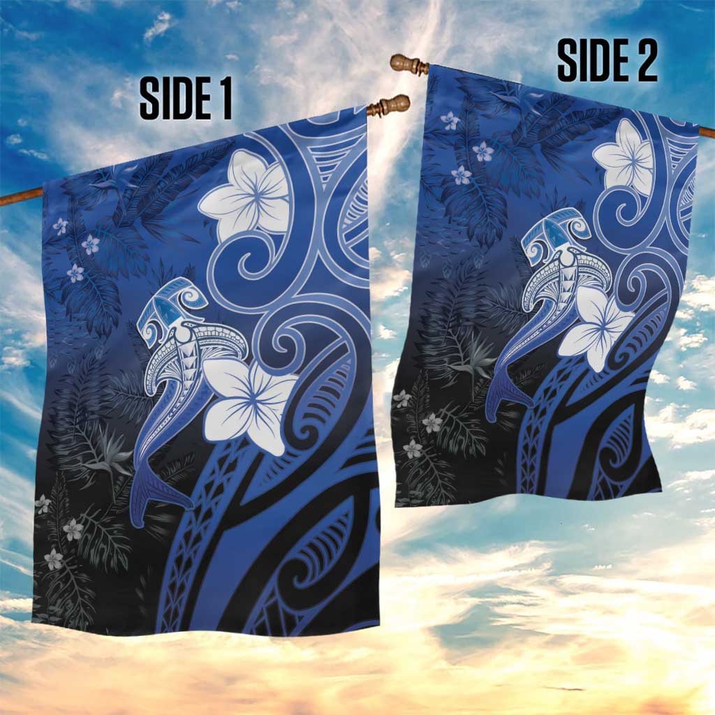 Polynesia Hammerhead Shark Garden Flag Blue Tribal Pattern With Plumeria - Polynesian Pride