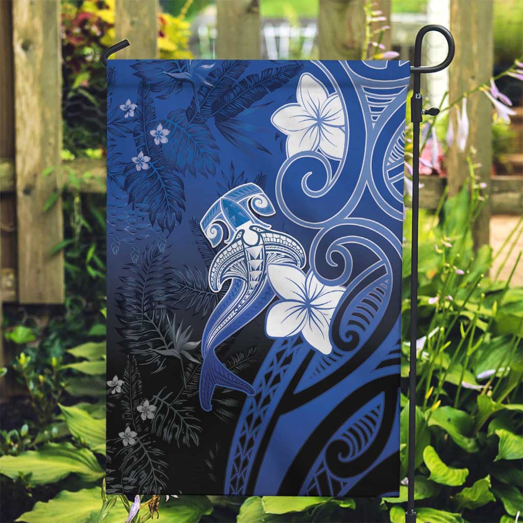 Polynesia Hammerhead Shark Garden Flag Blue Tribal Pattern With Plumeria - Polynesian Pride