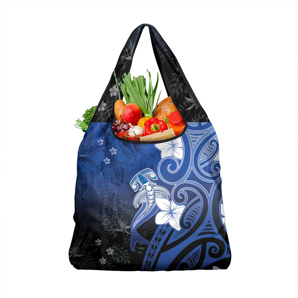 Polynesia Hammerhead Shark Grocery Bag Blue Tribal Pattern With Plumeria - Polynesian Pride