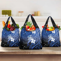 Polynesia Hammerhead Shark Grocery Bag Blue Tribal Pattern With Plumeria - Polynesian Pride