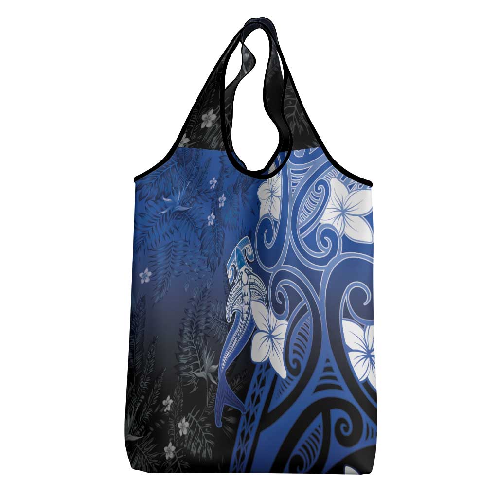 Polynesia Hammerhead Shark Grocery Bag Blue Tribal Pattern With Plumeria - Polynesian Pride