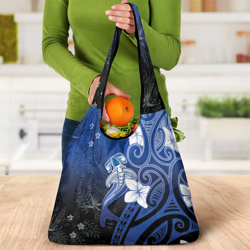 Polynesia Hammerhead Shark Grocery Bag Blue Tribal Pattern With Plumeria - Polynesian Pride