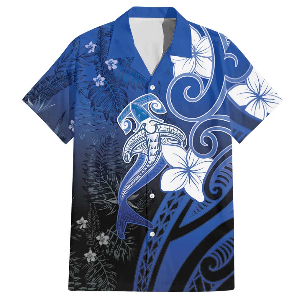 Polynesia Hammerhead Shark Hawaiian Shirt Blue Tribal Pattern With Plumeria - Polynesian Pride