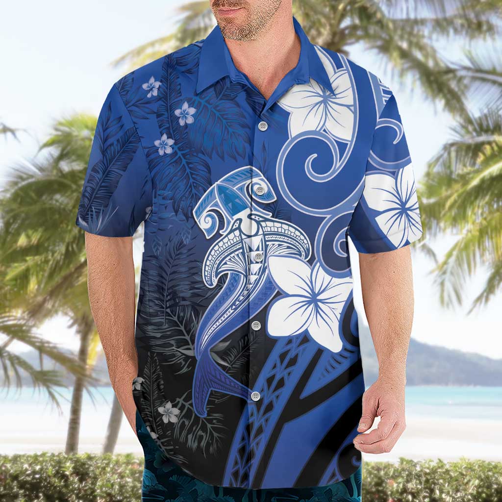 Polynesia Hammerhead Shark Hawaiian Shirt Blue Tribal Pattern With Plumeria - Polynesian Pride