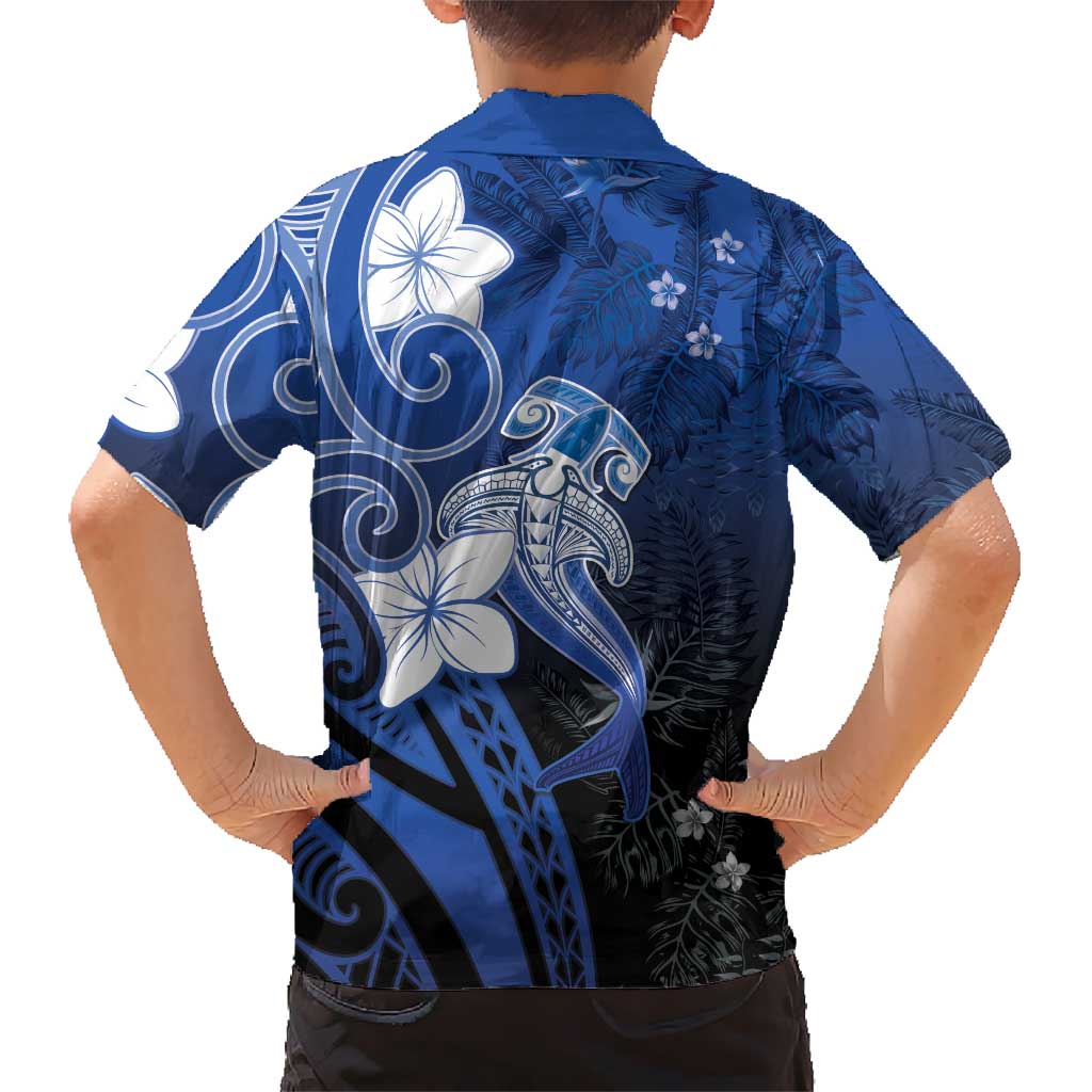 Polynesia Hammerhead Shark Hawaiian Shirt Blue Tribal Pattern With Plumeria - Polynesian Pride