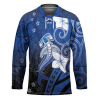 Polynesia Hammerhead Shark Hockey Jersey Blue Tribal Pattern With Plumeria - Polynesian Pride