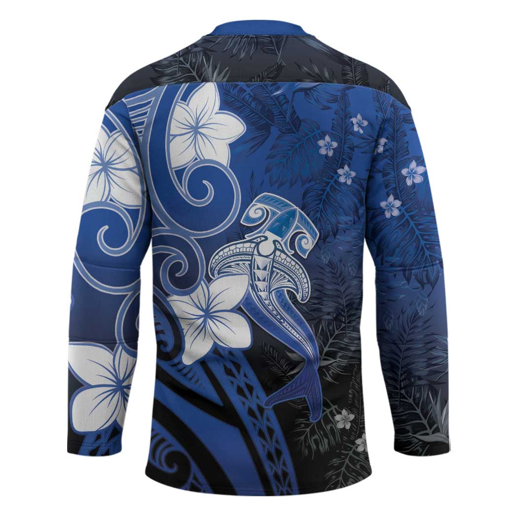 Polynesia Hammerhead Shark Hockey Jersey Blue Tribal Pattern With Plumeria - Polynesian Pride