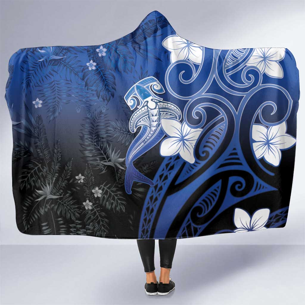 Polynesia Hammerhead Shark Hooded Blanket Blue Tribal Pattern With Plumeria - Polynesian Pride
