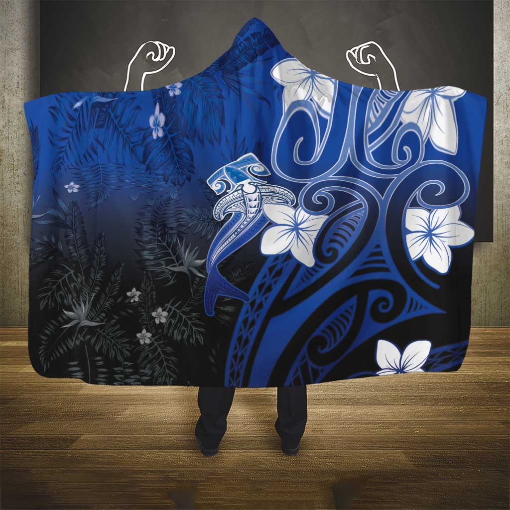 Polynesia Hammerhead Shark Hooded Blanket Blue Tribal Pattern With Plumeria - Polynesian Pride