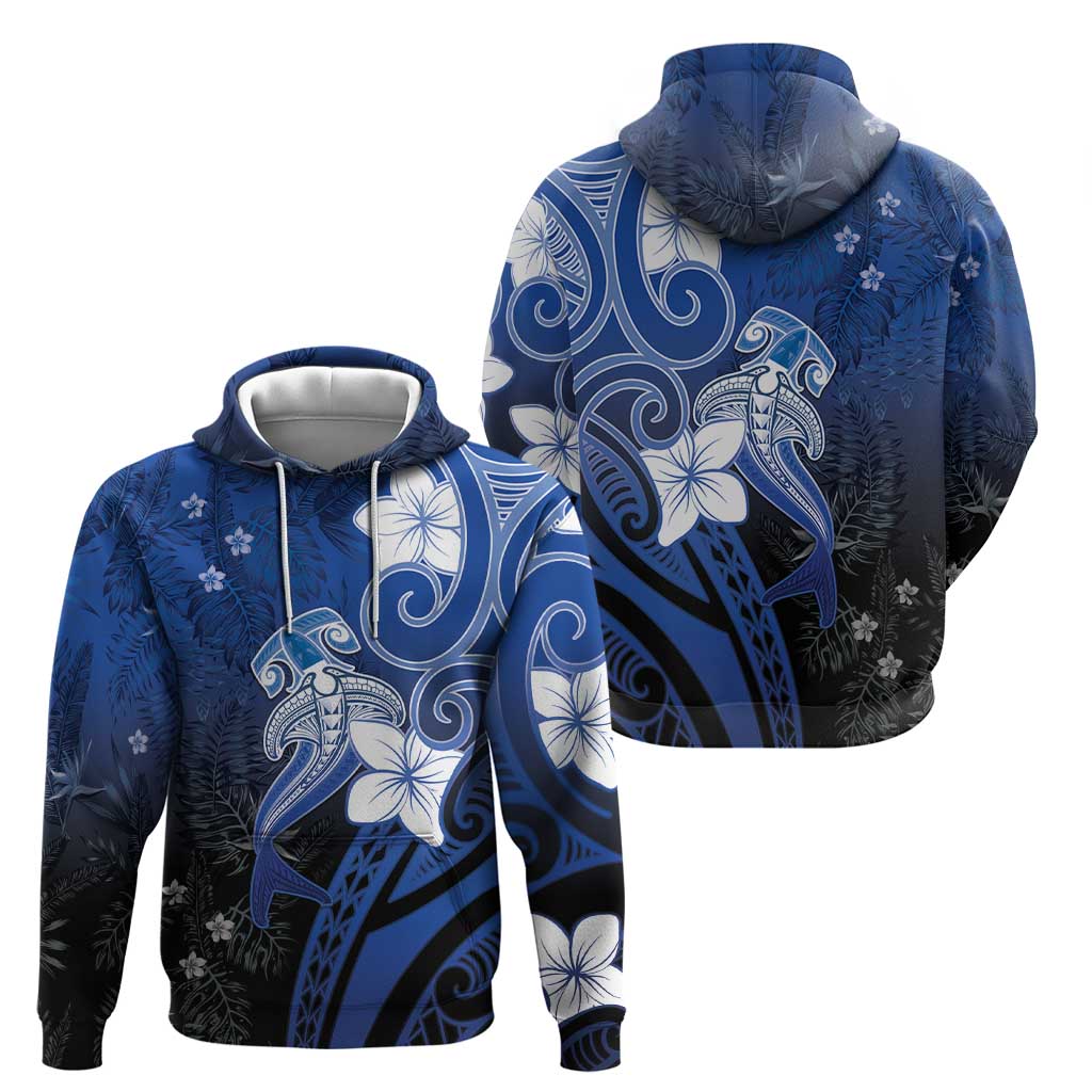 Polynesia Hammerhead Shark Hoodie Blue Tribal Pattern With Plumeria - Polynesian Pride