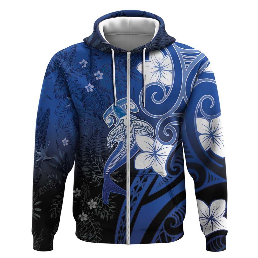 Polynesia Hammerhead Shark Hoodie Blue Tribal Pattern With Plumeria - Polynesian Pride