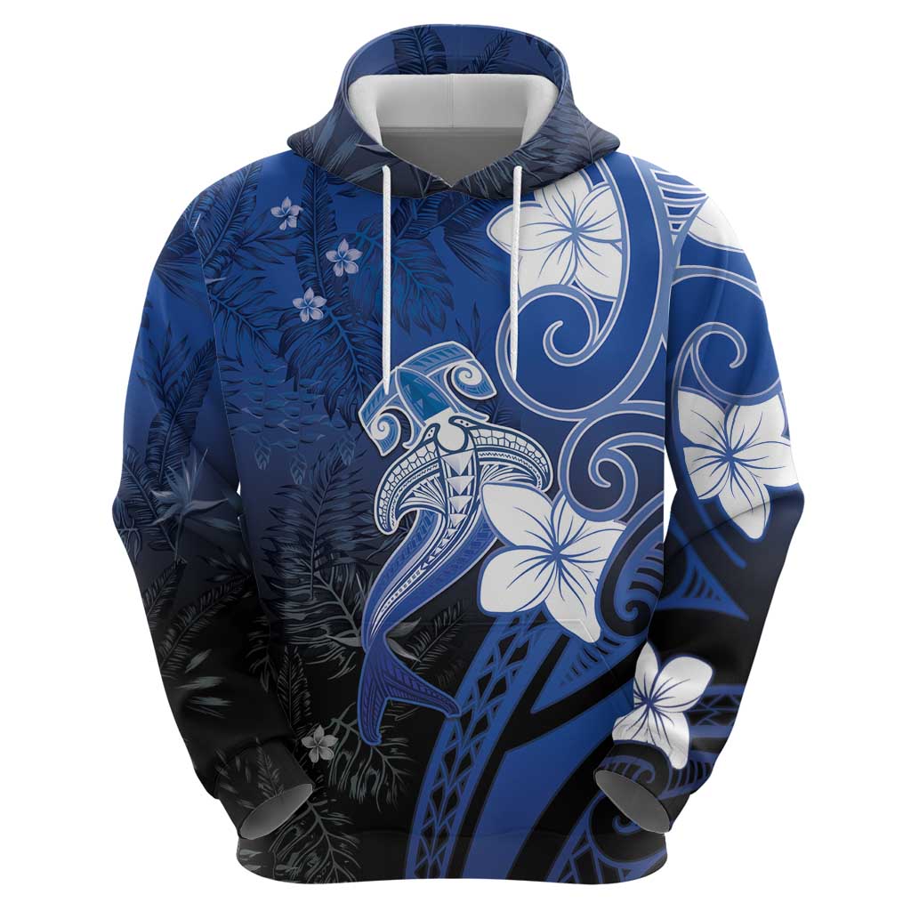 Polynesia Hammerhead Shark Hoodie Blue Tribal Pattern With Plumeria - Polynesian Pride