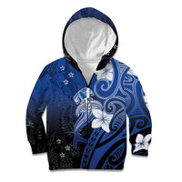 Polynesia Hammerhead Shark Kid Hoodie Blue Tribal Pattern With Plumeria - Polynesian Pride