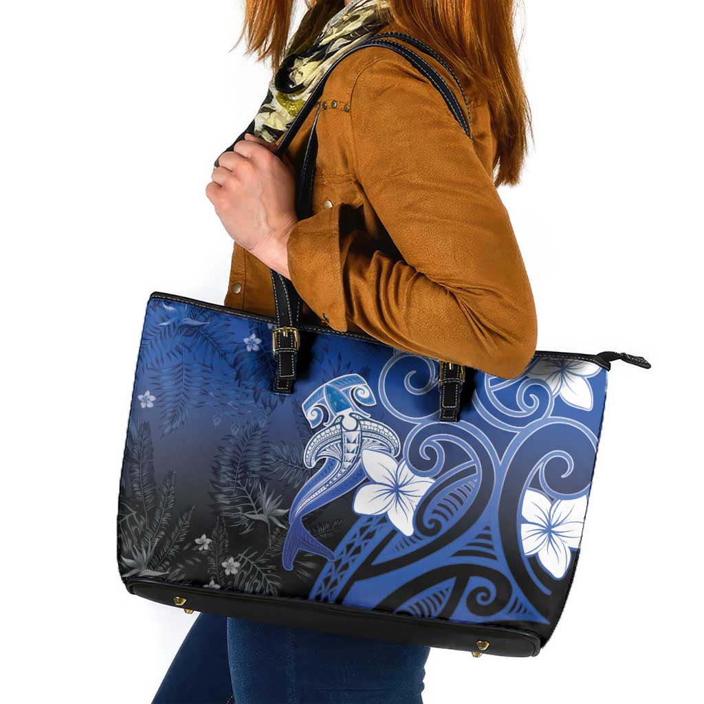 Polynesia Hammerhead Shark Leather Tote Bag Blue Tribal Pattern With Plumeria - Polynesian Pride