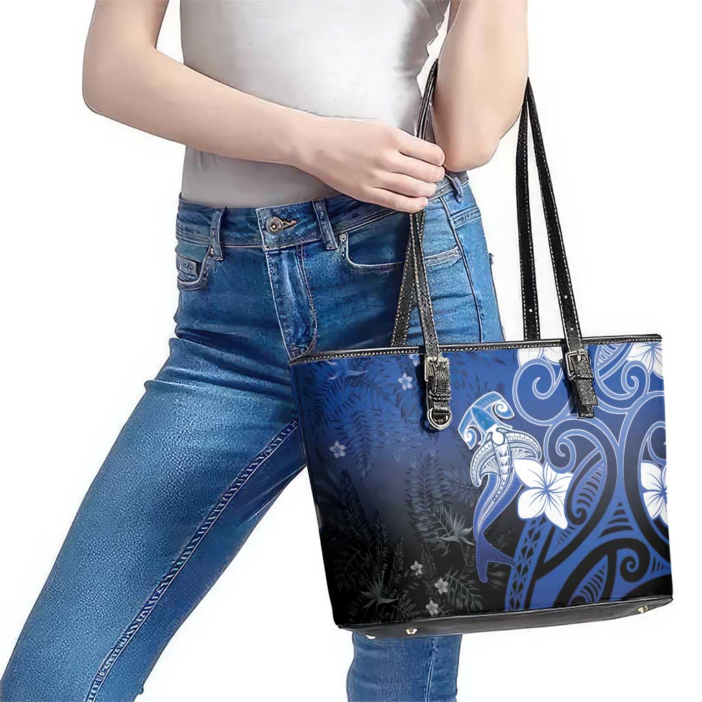 Polynesia Hammerhead Shark Leather Tote Bag Blue Tribal Pattern With Plumeria - Polynesian Pride