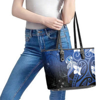 Polynesia Hammerhead Shark Leather Tote Bag Blue Tribal Pattern With Plumeria - Polynesian Pride