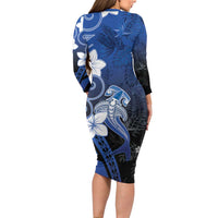 Polynesia Hammerhead Shark Long Sleeve Bodycon Dress Blue Tribal Pattern With Plumeria - Polynesian Pride