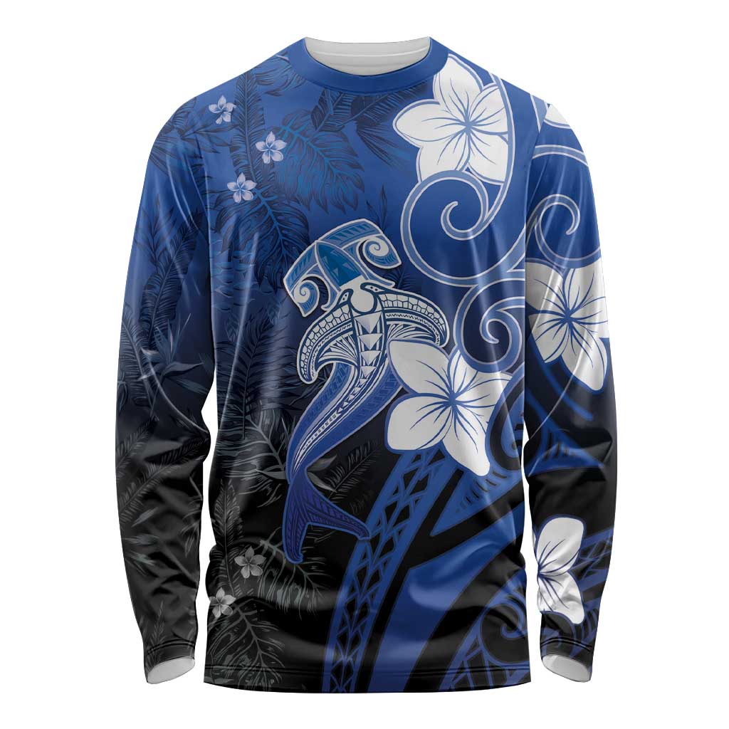 Polynesia Hammerhead Shark Long Sleeve Shirt Blue Tribal Pattern With Plumeria - Polynesian Pride