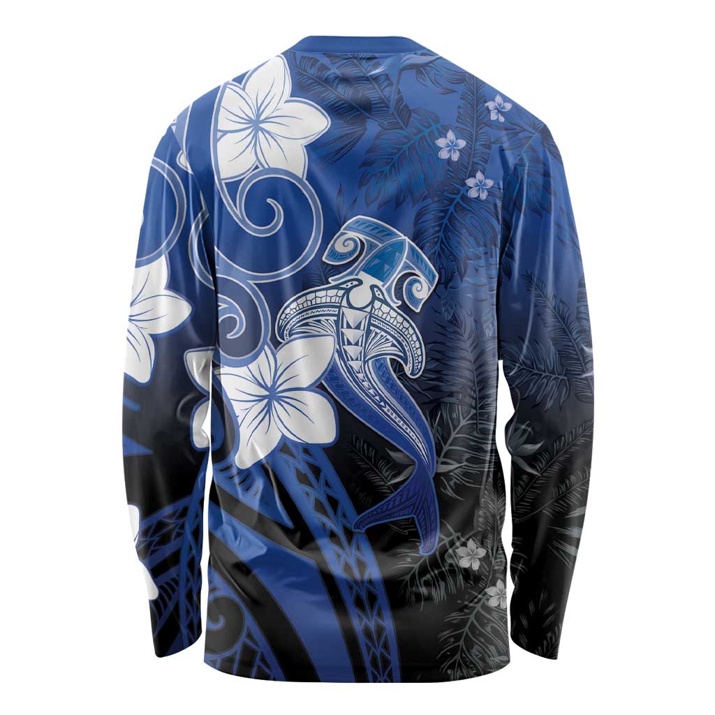 Polynesia Hammerhead Shark Long Sleeve Shirt Blue Tribal Pattern With Plumeria - Polynesian Pride