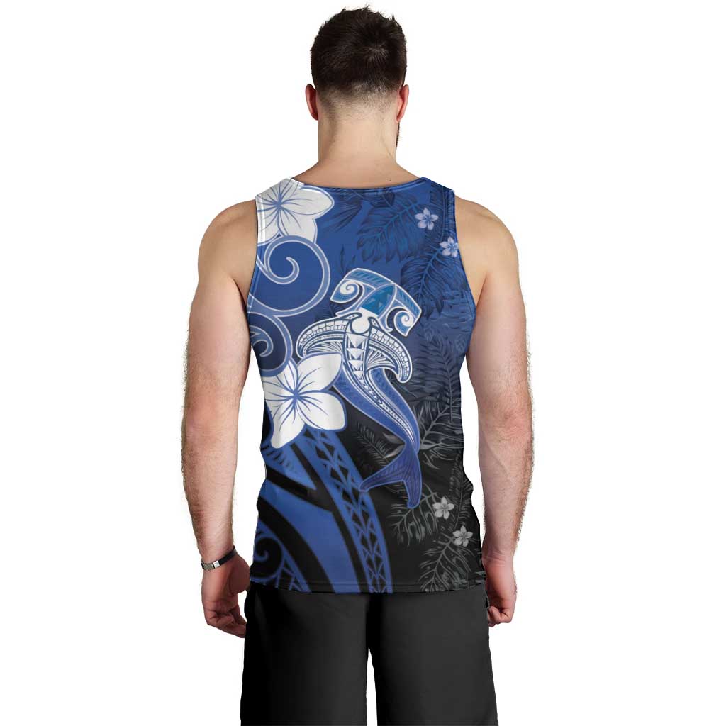 Polynesia Hammerhead Shark Men Tank Top Blue Tribal Pattern With Plumeria - Polynesian Pride
