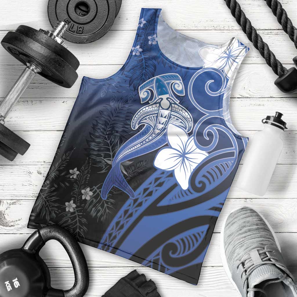 Polynesia Hammerhead Shark Men Tank Top Blue Tribal Pattern With Plumeria - Polynesian Pride
