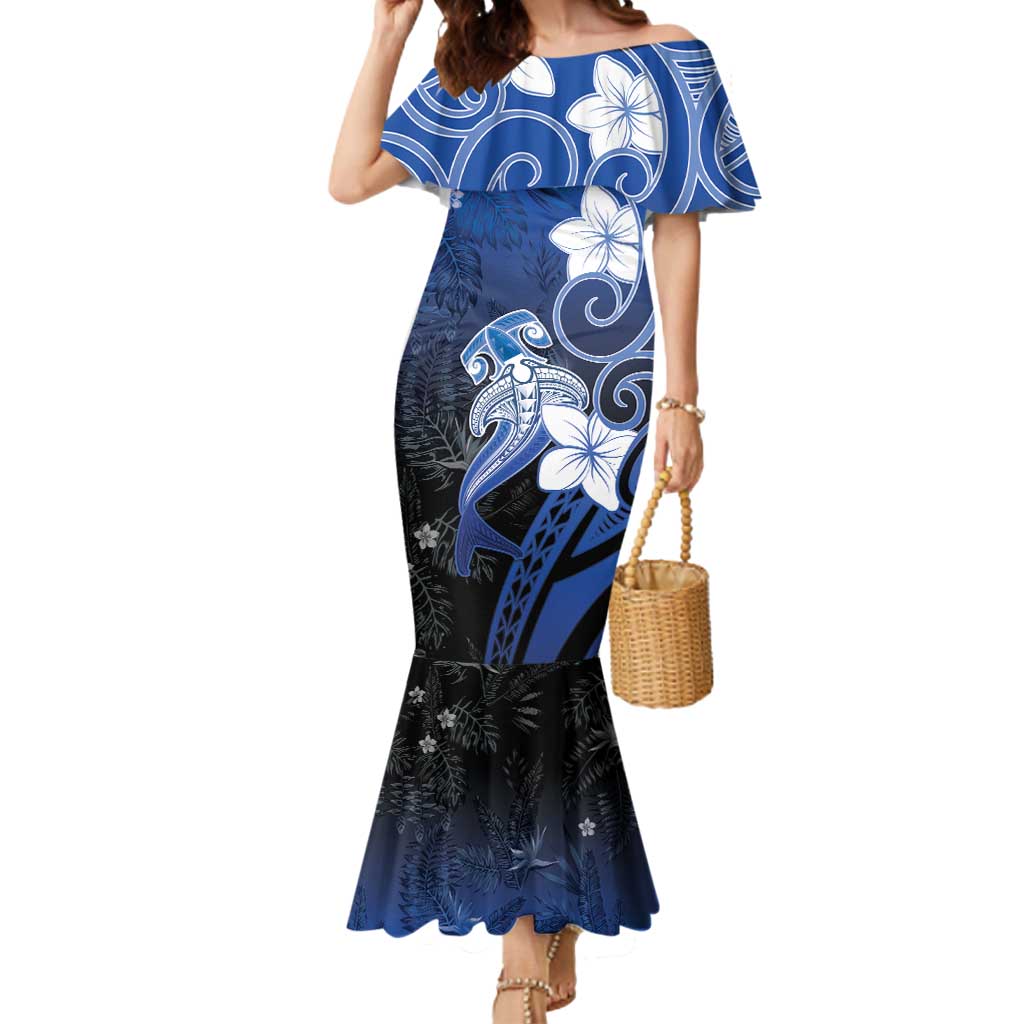 Polynesia Hammerhead Shark Mermaid Dress Blue Tribal Pattern With Plumeria LT05 Women Blue - Polynesian Pride