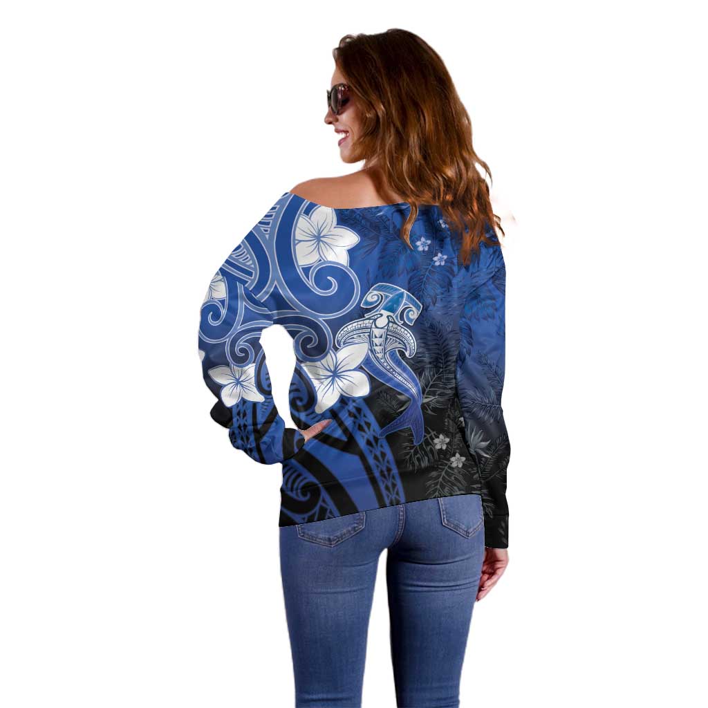 Polynesia Hammerhead Shark Off Shoulder Sweater Blue Tribal Pattern With Plumeria - Polynesian Pride