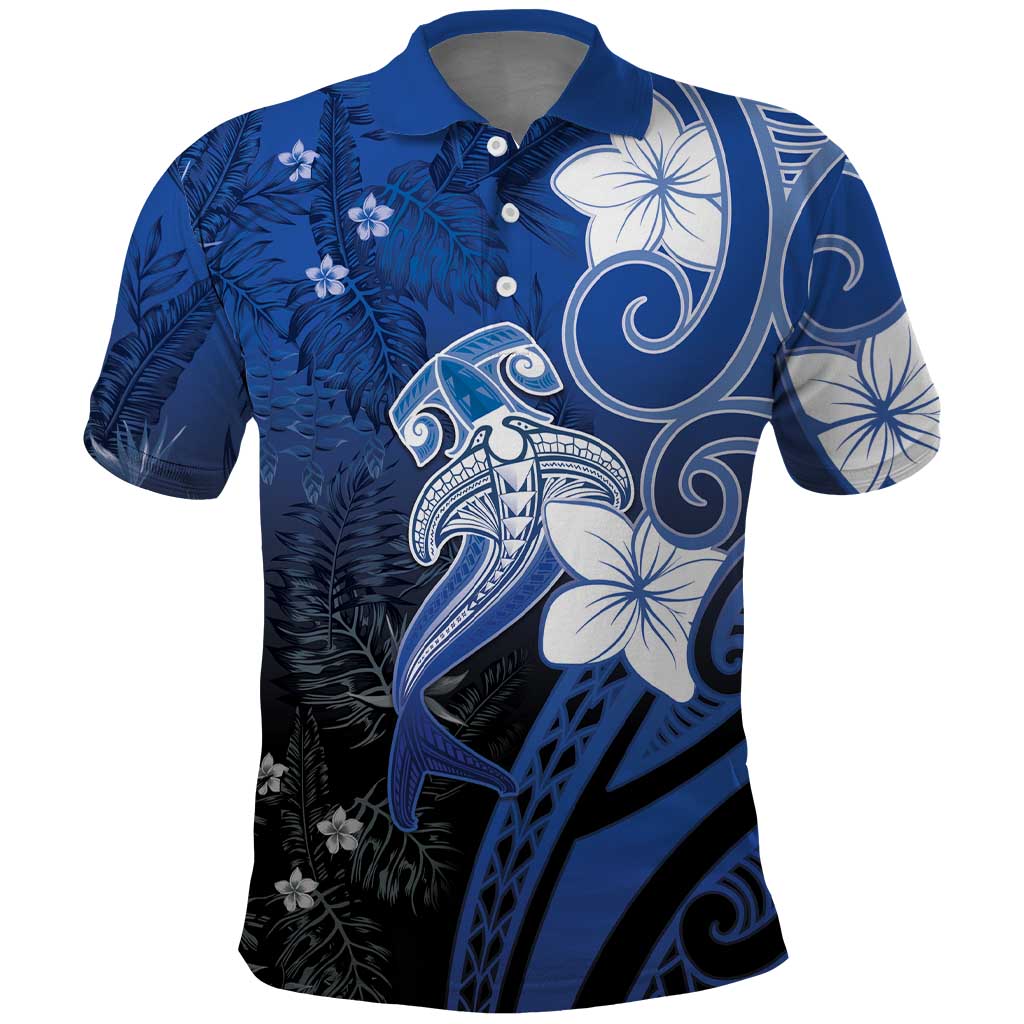 Polynesia Hammerhead Shark Polo Shirt Blue Tribal Pattern With Plumeria LT05 Blue - Polynesian Pride