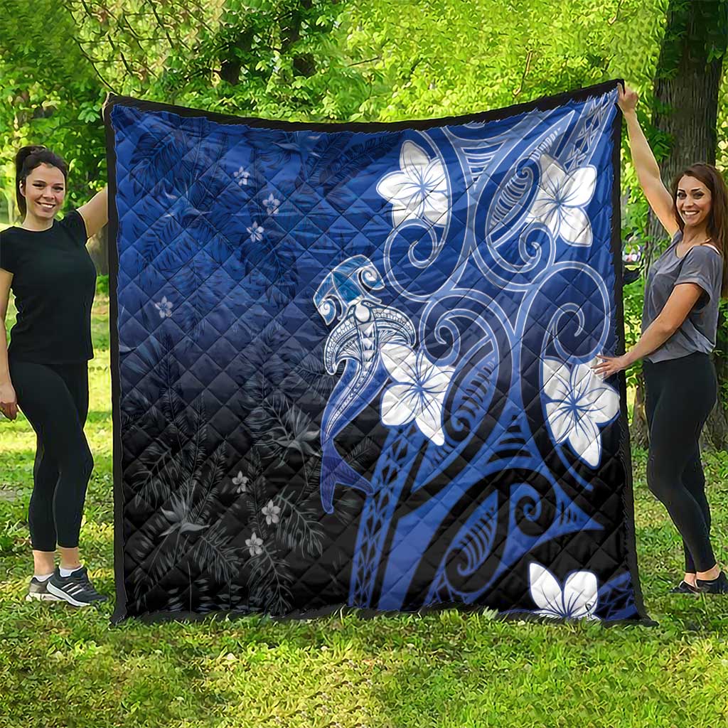 Polynesia Hammerhead Shark Quilt Blue Tribal Pattern With Plumeria - Polynesian Pride