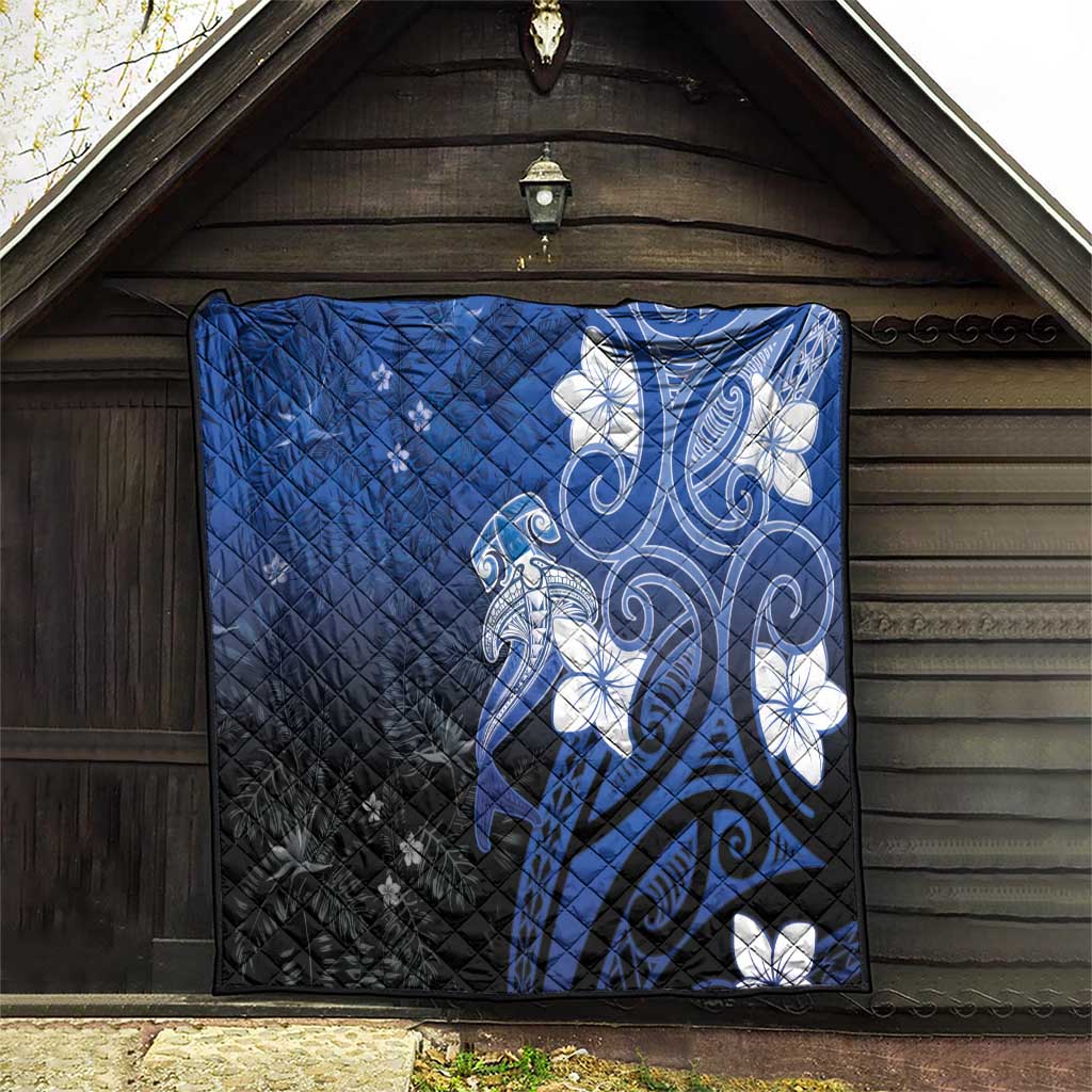 Polynesia Hammerhead Shark Quilt Blue Tribal Pattern With Plumeria - Polynesian Pride