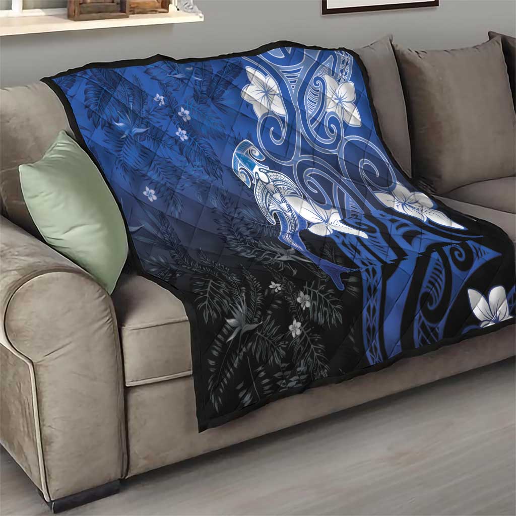 Polynesia Hammerhead Shark Quilt Blue Tribal Pattern With Plumeria - Polynesian Pride