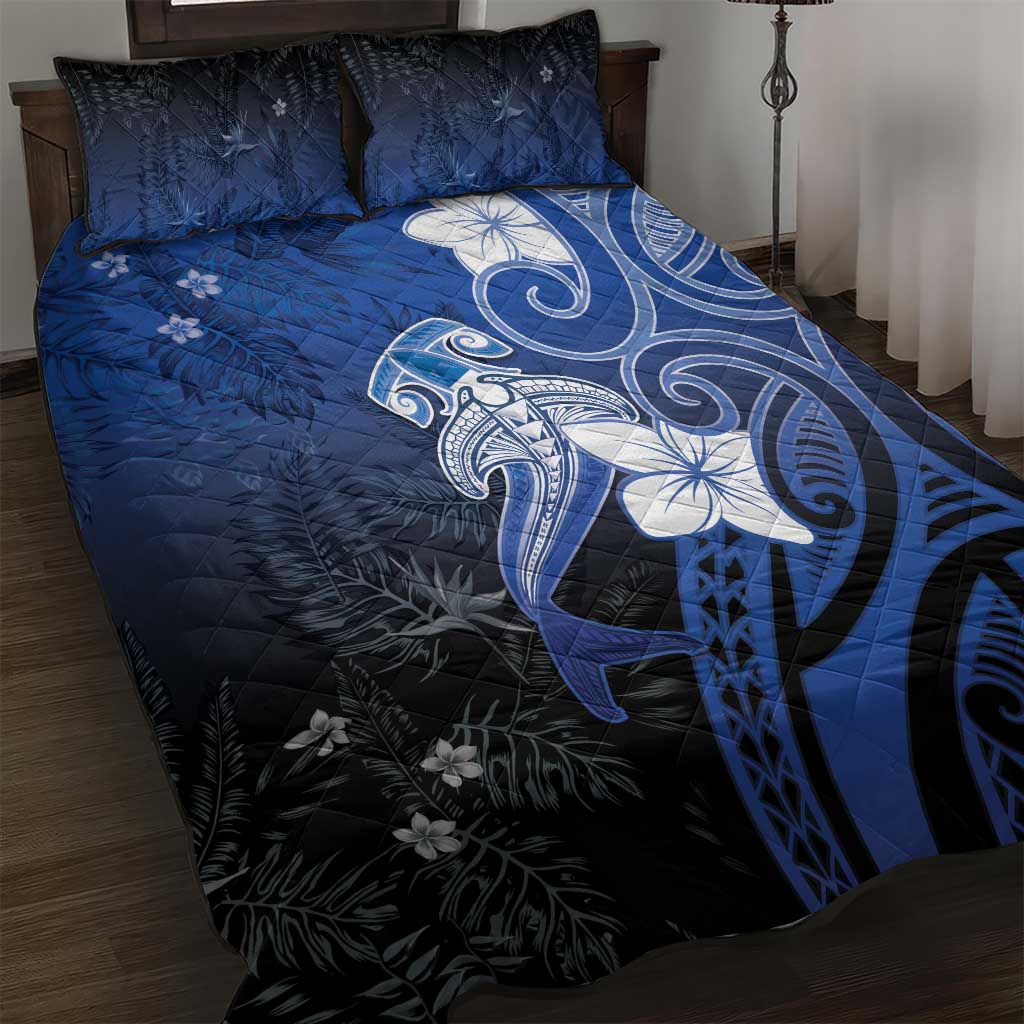 Polynesia Hammerhead Shark Quilt Bed Set Blue Tribal Pattern With Plumeria LT05 Blue - Polynesian Pride