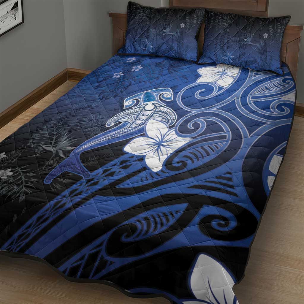 Polynesia Hammerhead Shark Quilt Bed Set Blue Tribal Pattern With Plumeria - Polynesian Pride