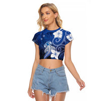 Polynesia Hammerhead Shark Raglan Cropped T Shirt Blue Tribal Pattern With Plumeria LT05 Female Blue - Polynesian Pride