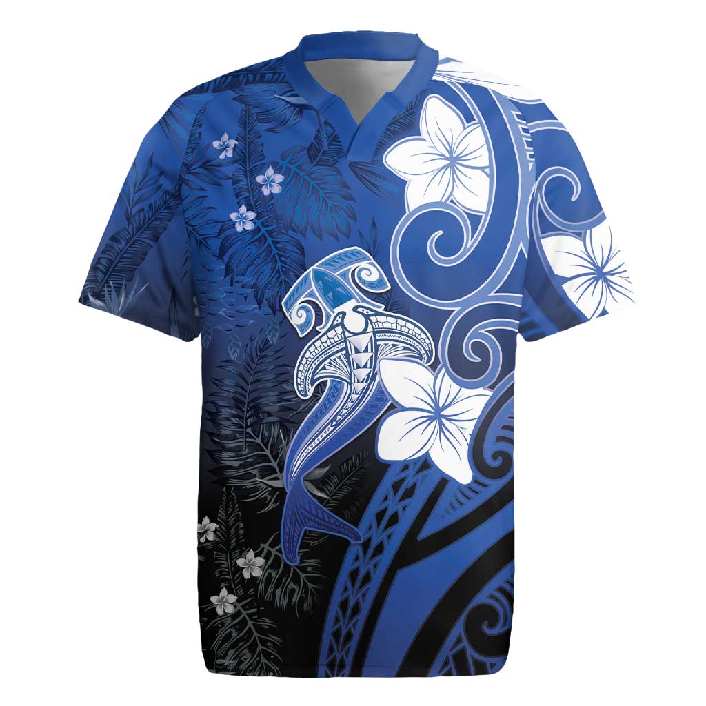 Polynesia Hammerhead Shark Rugby Jersey Blue Tribal Pattern With Plumeria LT05 Blue - Polynesian Pride