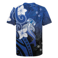Polynesia Hammerhead Shark Rugby Jersey Blue Tribal Pattern With Plumeria - Polynesian Pride