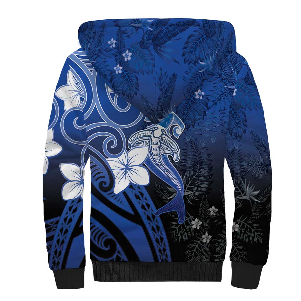 Polynesia Hammerhead Shark Sherpa Hoodie Blue Tribal Pattern With Plumeria LT05 - Polynesian Pride