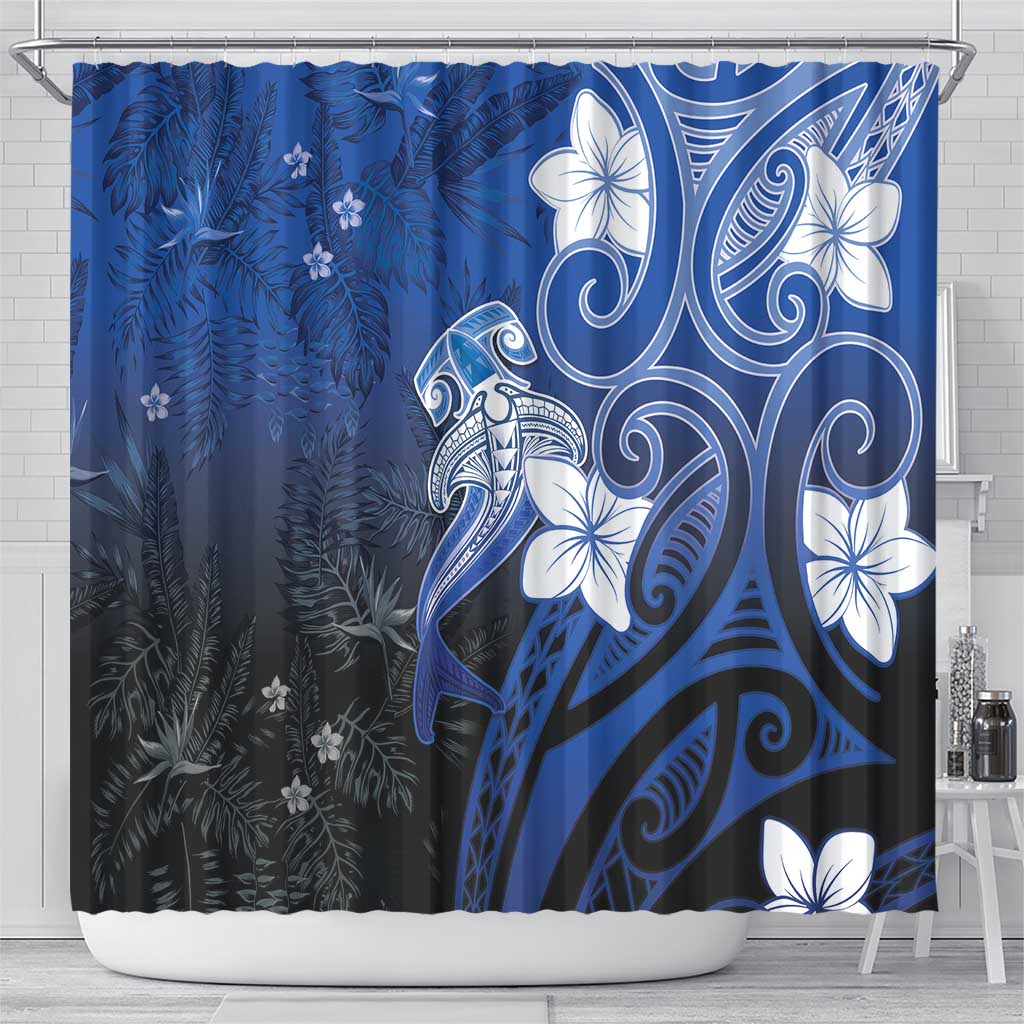 Polynesia Hammerhead Shark Shower Curtain Blue Tribal Pattern With Plumeria - Polynesian Pride