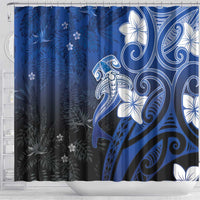Polynesia Hammerhead Shark Shower Curtain Blue Tribal Pattern With Plumeria - Polynesian Pride