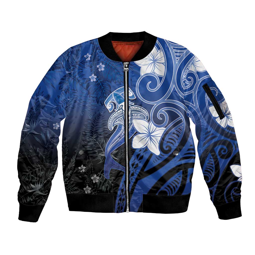 Polynesia Hammerhead Shark Sleeve Zip Bomber Jacket Blue Tribal Pattern With Plumeria - Polynesian Pride