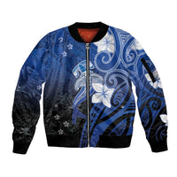 Polynesia Hammerhead Shark Sleeve Zip Bomber Jacket Blue Tribal Pattern With Plumeria - Polynesian Pride