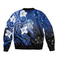Polynesia Hammerhead Shark Sleeve Zip Bomber Jacket Blue Tribal Pattern With Plumeria - Polynesian Pride