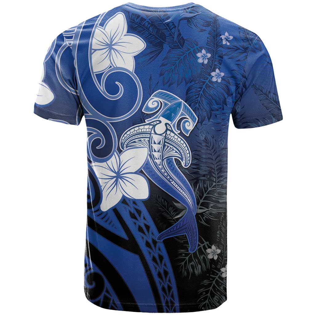 Polynesia Hammerhead Shark T Shirt Blue Tribal Pattern With Plumeria - Polynesian Pride