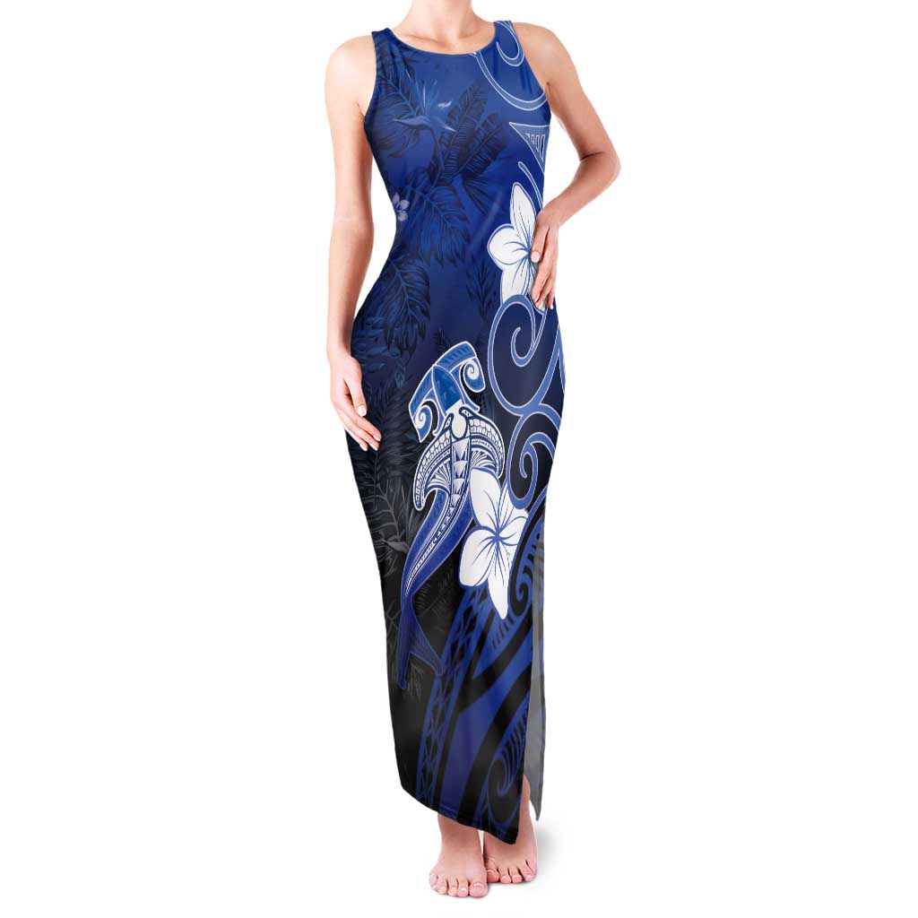 Polynesia Hammerhead Shark Tank Maxi Dress Blue Tribal Pattern With Plumeria - Polynesian Pride