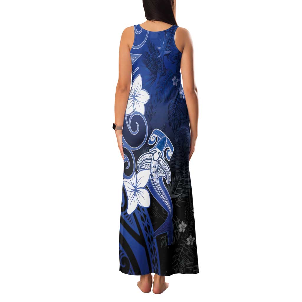 Polynesia Hammerhead Shark Tank Maxi Dress Blue Tribal Pattern With Plumeria - Polynesian Pride
